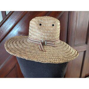 Vintage Medium Straw Sun Hat With Striped Ribbon Band And Ventilated Crown M